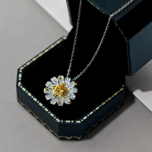 Macro detail of silver daisy necklace with yellow and white zircon in a jewelry box