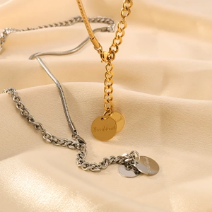 18K gold and silver snake and Cuban chain necklaces with Good Luck engraved pendants
