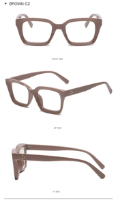 Detailed views of square brown eyewear frames showing front and side angles in C2 color