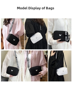 Collage of black and white nylon crossbody bags with butterfly buckle and wide logo strap