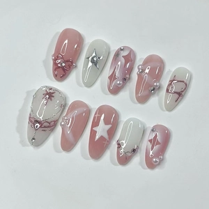 Press On Nails Long Almond French Pink White Gradient With 3D Bowknot Artificial Pearl Star Decor Artificial False Finger Nails