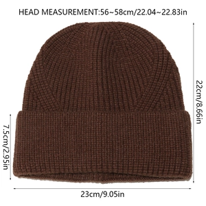 Detail view of brown ribbed knit beanie with precise sizing and head circumference markings