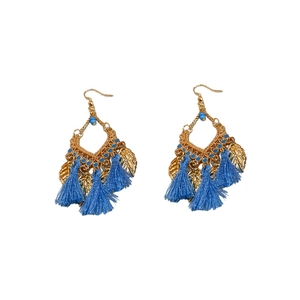 Bohemian gold leaf earrings with vibrant sky blue tassels and decorative beads