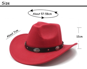 Detailed view of red felt western cowboy hat with studded leather band and size dimensions