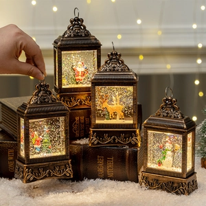 Christmas Lantern Retro Bronze LED Water Globe Lighted Swirling Glitter Santa Snowman Reindeer Holiday Home Desktop Decor