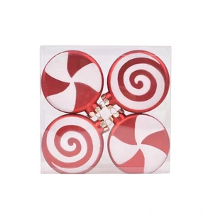 Set of 4 red and white candy cane spiral Christmas ball ornaments in clear box