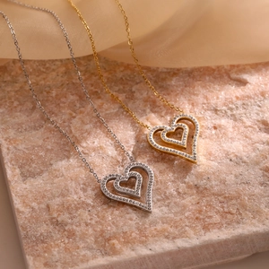 Double Heart Pendant Necklace Stainless Steel Zircon Inlaid Minimalist Clavicle Chain Fashion Jewelry For Women