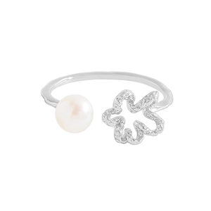 S925 sterling silver open ring with round white pearl and hollow flower design
