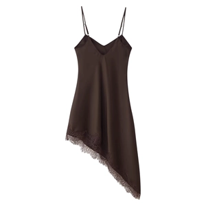 Deep brown satin camisole dress with lace trim and irregular hem on white background