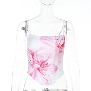 Front detail of pink floral print corset top with boning structure on white background