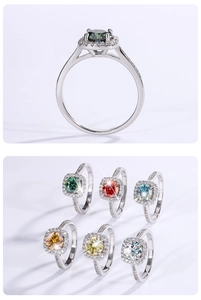 Detailed side view and top display of S925 silver rings with square colorful moissanite