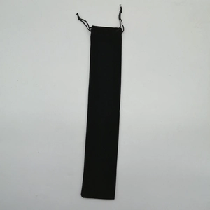 Close-up of a long black velvet drawstring storage bag for fans and accessories