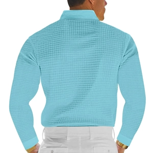 Rear view of men's waffle knit long sleeve polo shirt in light blue with textured fabric