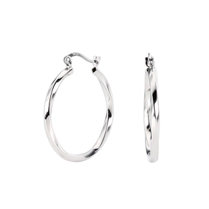 Macro detail of S925 sterling silver twisted hoop earrings with fine metallic texture
