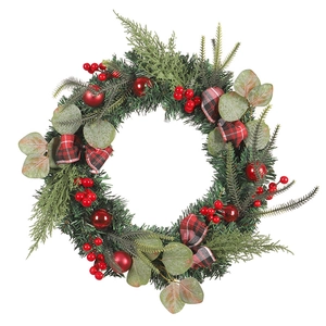 Artificial Eucalyptus Christmas wreath with red berries, pine needles and checkered bows