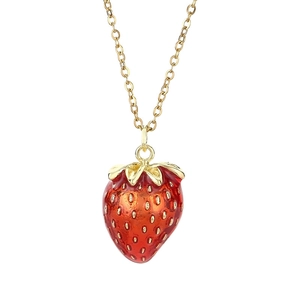 Gold chain necklace with a 3D red strawberry pendant featuring crystal accents