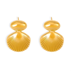 Minimalist 18k gold plated stainless steel geometric shell stud earrings on white background