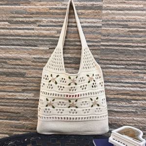 Knitted Crochet Handbag Polyester Hollow Out Tote Bag With 3D Floral Embroidery Handmade Bohemian Mori Style For Women