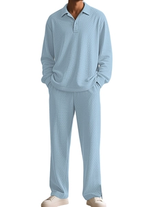 Men's light blue casual polo set featuring detailed waffle knit texture and long sleeves