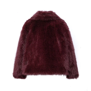 Rear view of long-sleeved burgundy faux fur coat showing plush texture and wide collar