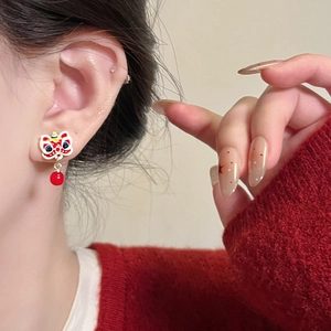 Exquisite Chinese New Year lion dance stud earrings with red tassels and silver pins
