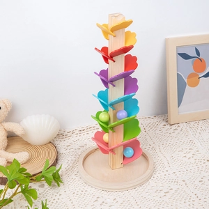 Rainbow wooden music tree toy with colorful petals and falling ball tracker for kids
