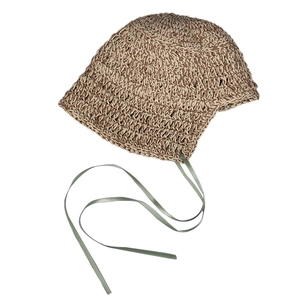 Handmade woven sun hat with green ribbon ties and brown textured straw design