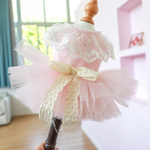 Detailed view of pink pet princess dress with white embroidery lace and silk bow