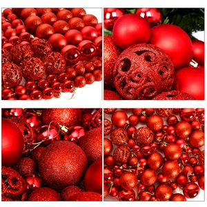 Detailed view of red Christmas ornaments including matte, glitter, and hollow patterns