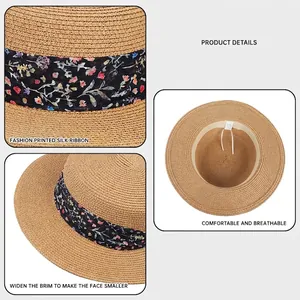 Chapeau de soleil en paille avec ruban floral et large bord pour femme en été