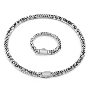 Polished stainless steel Cuban link necklace and bracelet set with box clasp closure
