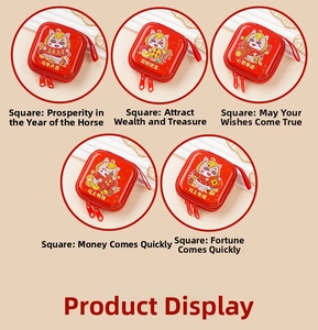 Square red tin coin purse featuring cartoon horse zodiac patterns for the Lunar New Year