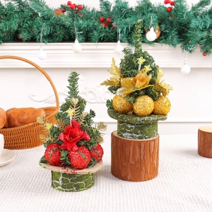 Mini Christmas tree ornaments with red and gold balls in green hat-shaped pot bases