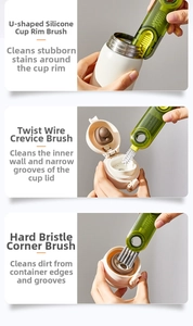 Three-in-one multifunctional cup lid brush with silicone U-shaped head and crevice cleaner