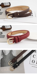 Détails de ceintures fines en cuir avec boucles dorées en marron, noir et rouge