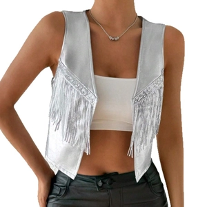 Silver sequin tassel cropped vest for women with sparkling fringe and sleeveless design