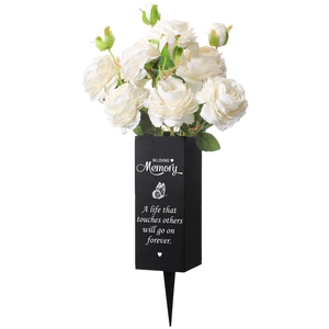 Memorial cemetery vase with white roses featuring a loving memory quote on a black finish