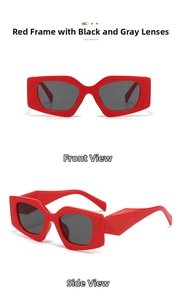 Detail of red geometric oversized sunglasses with thick frames and dark gray lenses