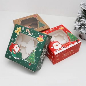 Three festive Christmas cupcake boxes with window and inserts in red, green and kraft paper