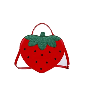 Cute strawberry shaped shoulder bag with red PU leather and green sequin leaf decor