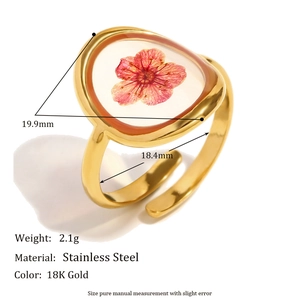 Bague ajustable rétro en acier doré 18K avec inclusion de fleur séchée rouge ronde