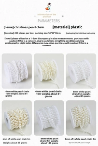 Detailed specs of Christmas pearl beads showing 4mm to 8mm sizes in white and cream