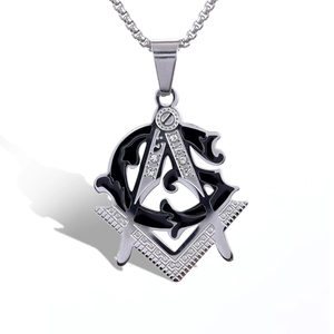 Detailed view of silver Freemason pendant with black enamel, compass symbol, and six rhinestones