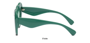 Side view of heart-shaped green polarized sunglasses with glossy finish on white background