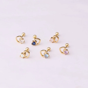 Golden heart-shaped stainless steel stud earrings with colorful cubic zirconia stones