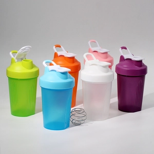 Portable plastic sports protein shaker bottles in six vibrant colors with metal mixing ball