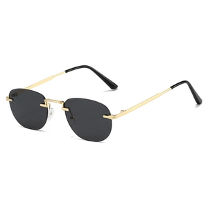 Fashion rimless hexagonal sunglasses with gold metal frame and black polygon lenses