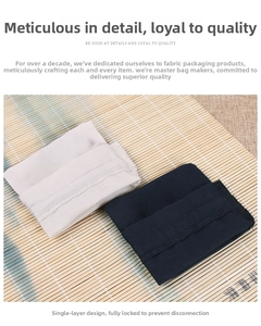 Detail of canvas drawstring pouch showing durable single-layer design and overlock edges