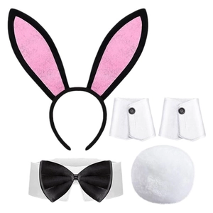 Pink and black satin bunny ear headband set with bow tie and plush tail for cosplay