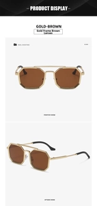 Detail view of gold steampunk sunglasses with polygonal metal frames and brown lenses
